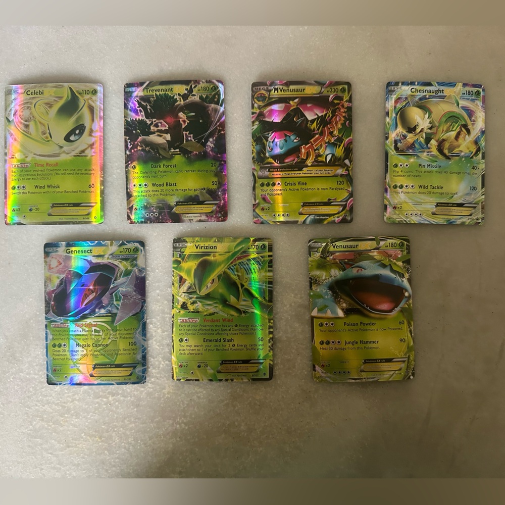 pokemon trading cards- grass element, one MEGA, holographic, good condition